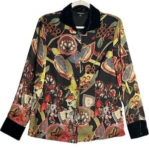 J Peterman Sz 8 Chiffon‎ Abstract Print Button Up Blouse Rhinestones Velvet Trim